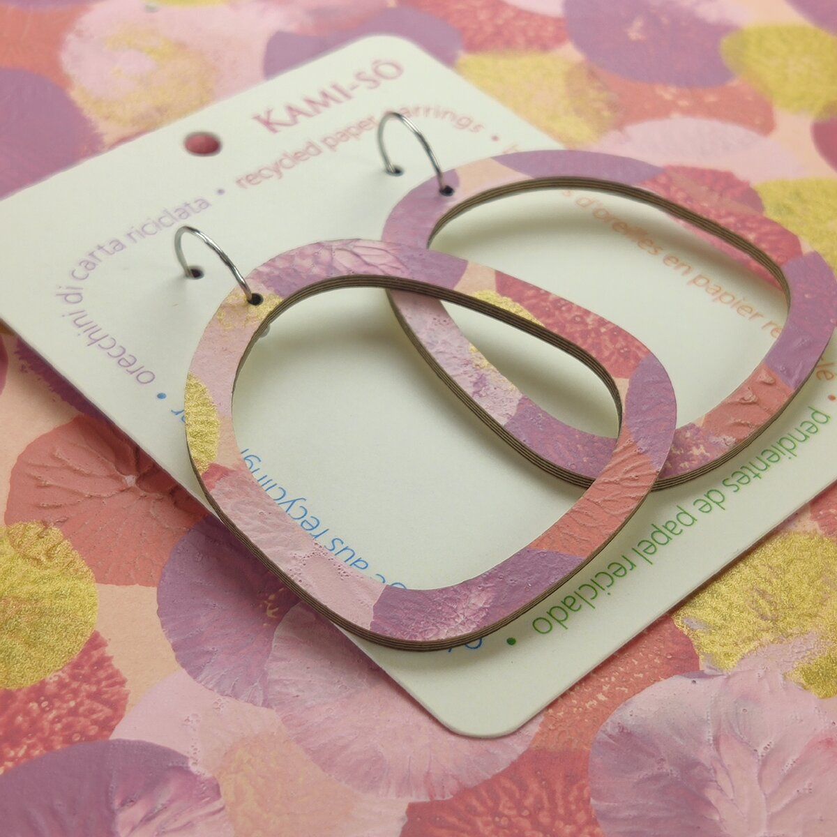 Square Recycled Paper Earrings - Pink, Violet & Gold