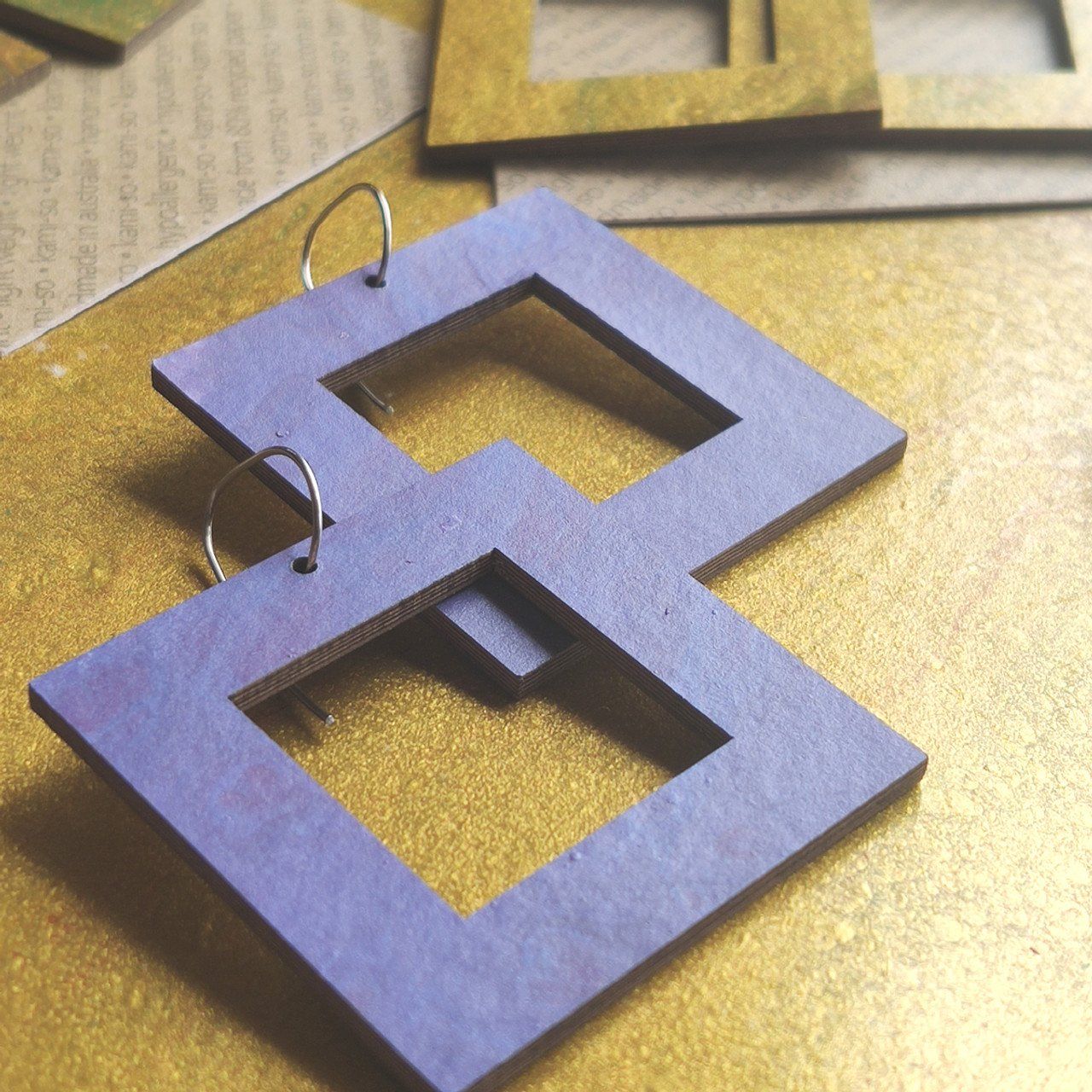 Reversible Square Recycled Paper Earrings - Gold / Purple