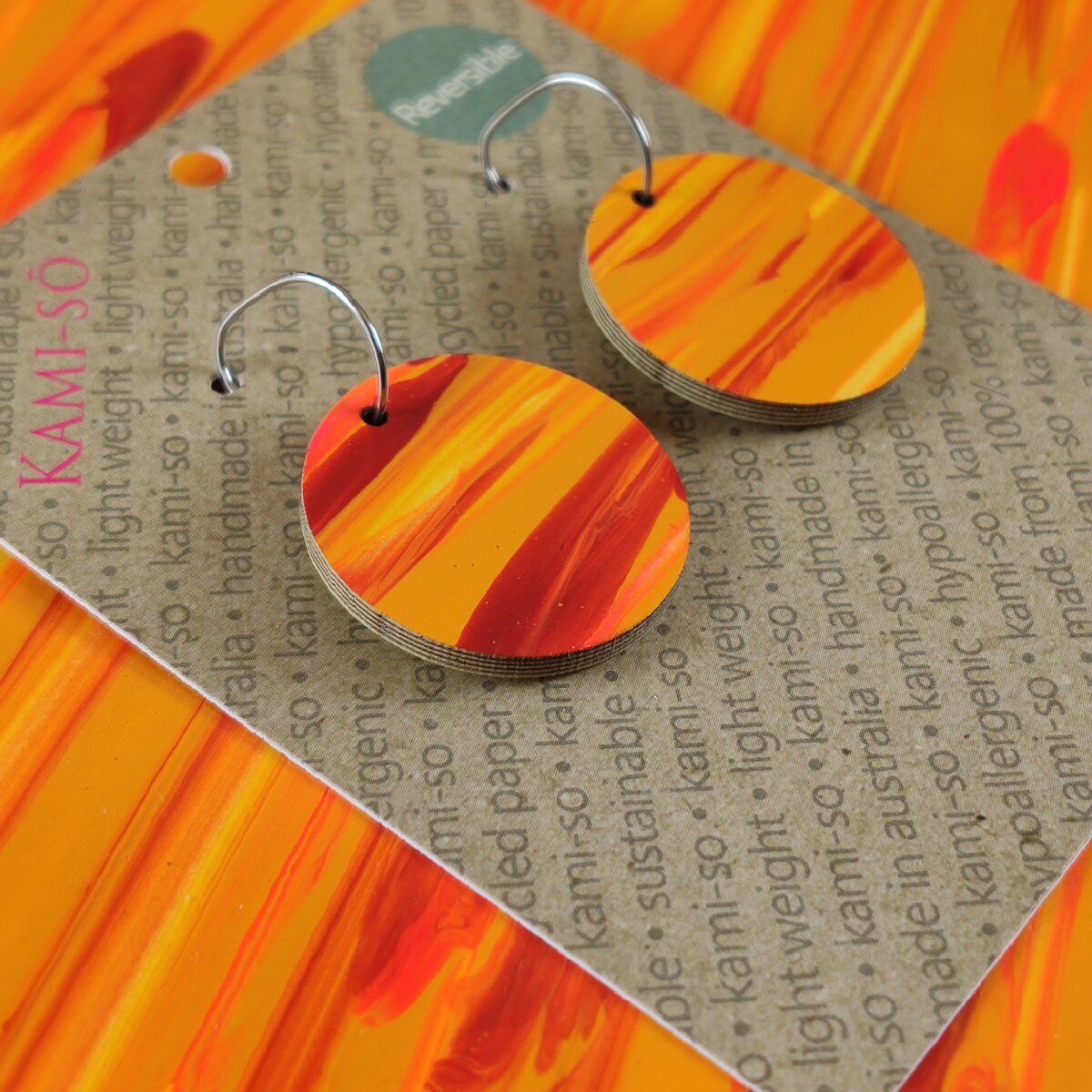 Reversible Circle Recycled Paper Earrings - Orange Swipe / Yellow Stripe