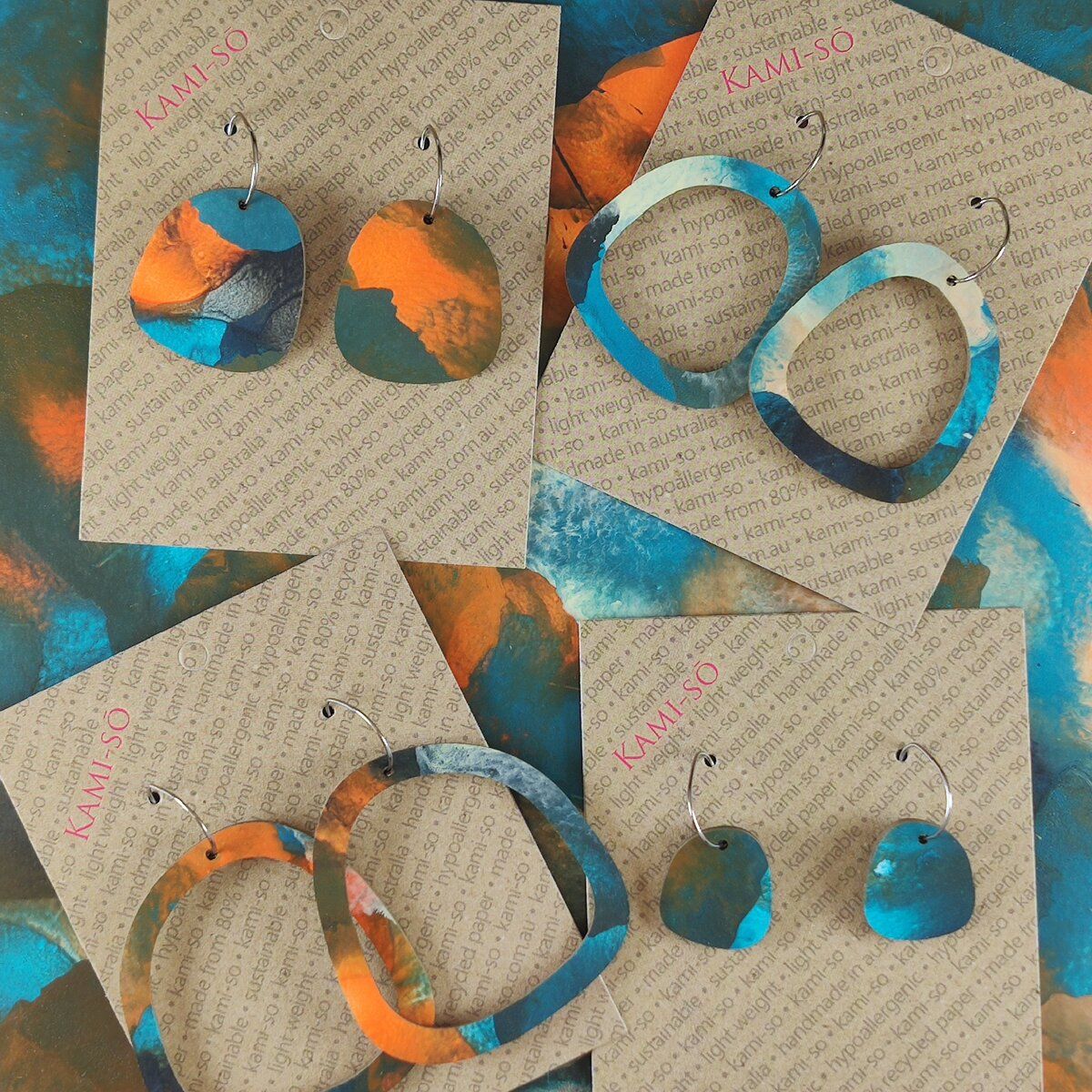 Square Recycled Paper Earrings - Blue & Orange