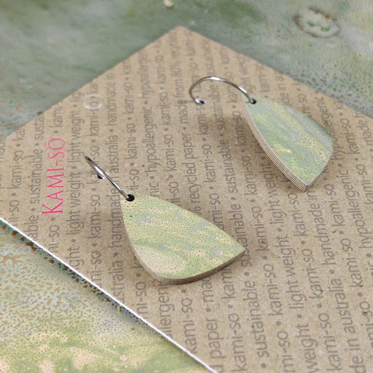 Mini Recycled Paper Earrings - Green Gold Crackle