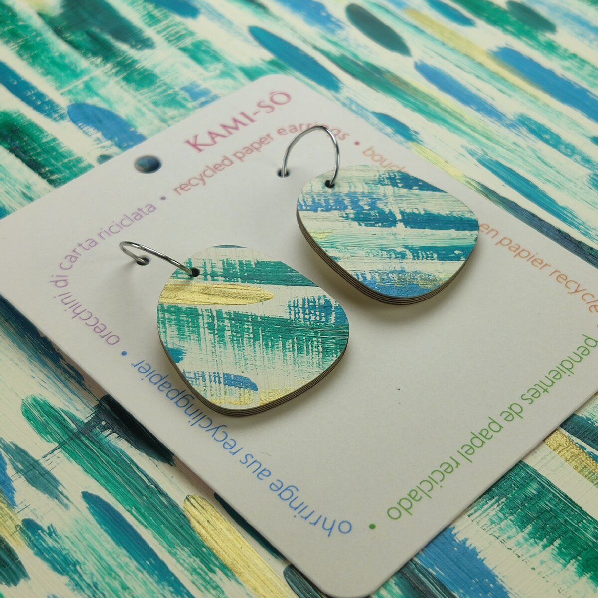 Square Recycled Paper Earrings - Green, Teal & Gold