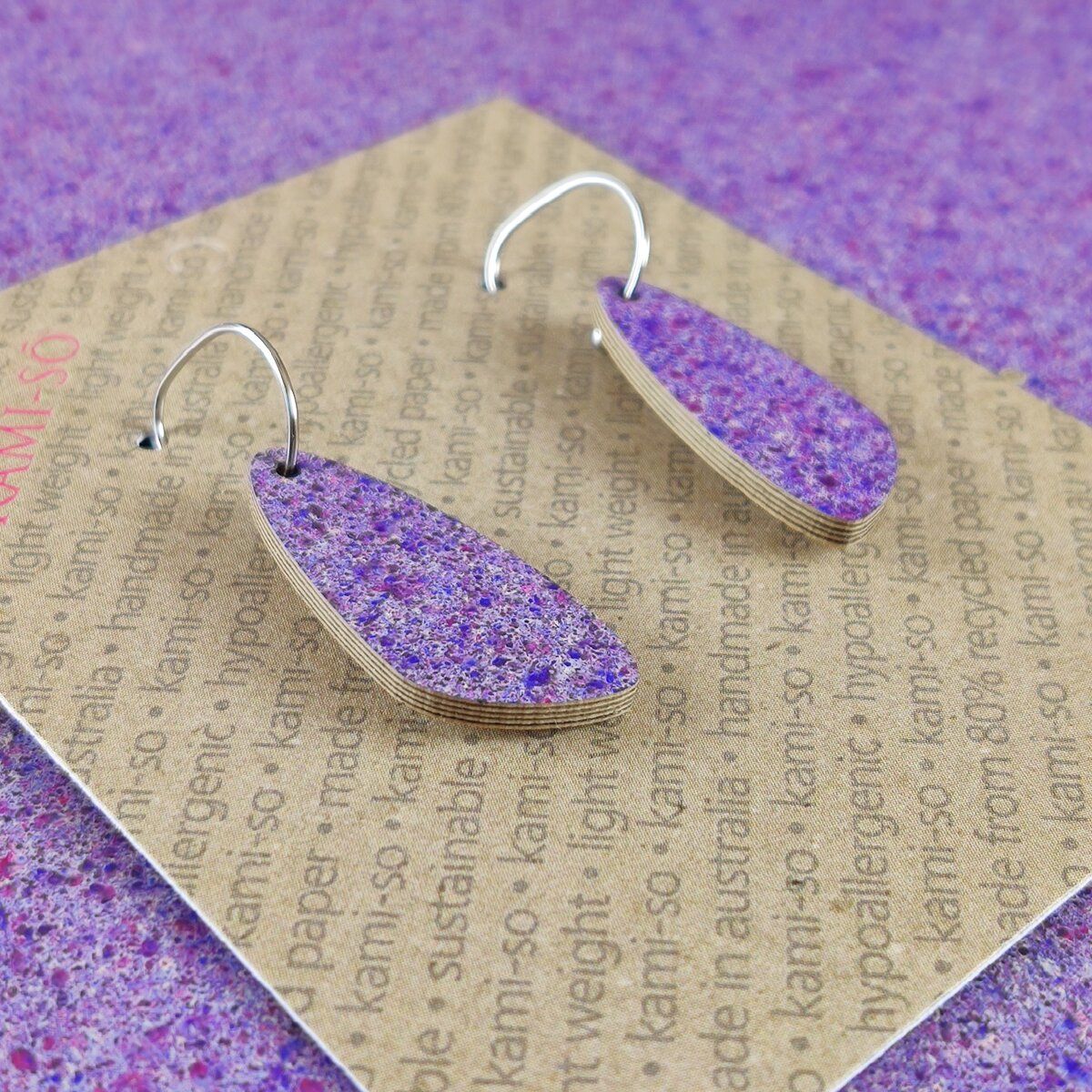 Oval Recycled Paper Earrings - Purple Speckle