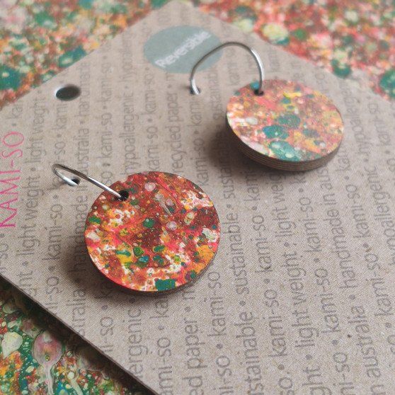 Reversible Circle Recycled Paper Earrings - Brown & Green / Speckle