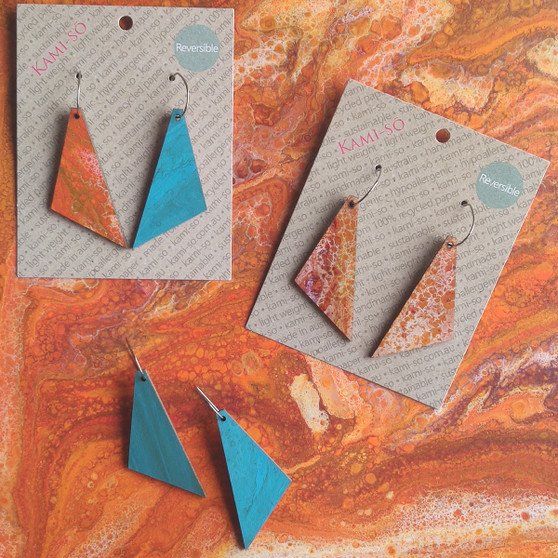 Reversible Triangle Recycled Paper Earrings - Orange / Blue