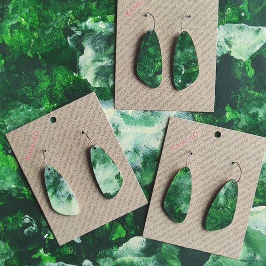 Oval Recycled Paper Earrings - Dark Green & White