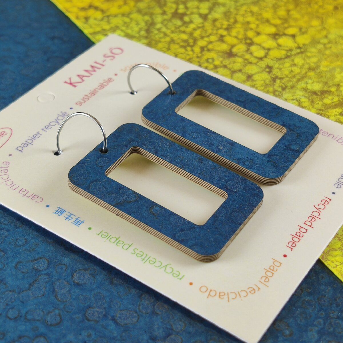 Reversible Rectangle Recycled Paper Earrings - Citrine Crackle / Dark Blue Crackle