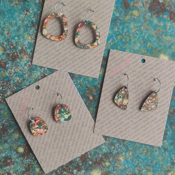 Mini Recycled Paper Earrings - Dark Green & Orange Speckle