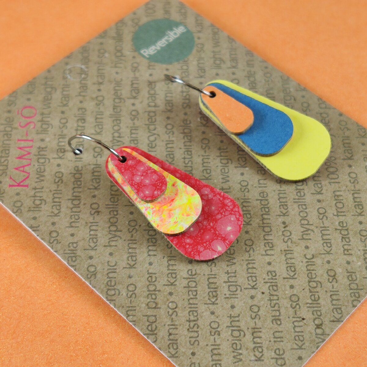 Reverse-A-Tile Expanding Triangle Recycled Paper Earrings - Rose & Orange Speckle / Orange, Blue & Yellow