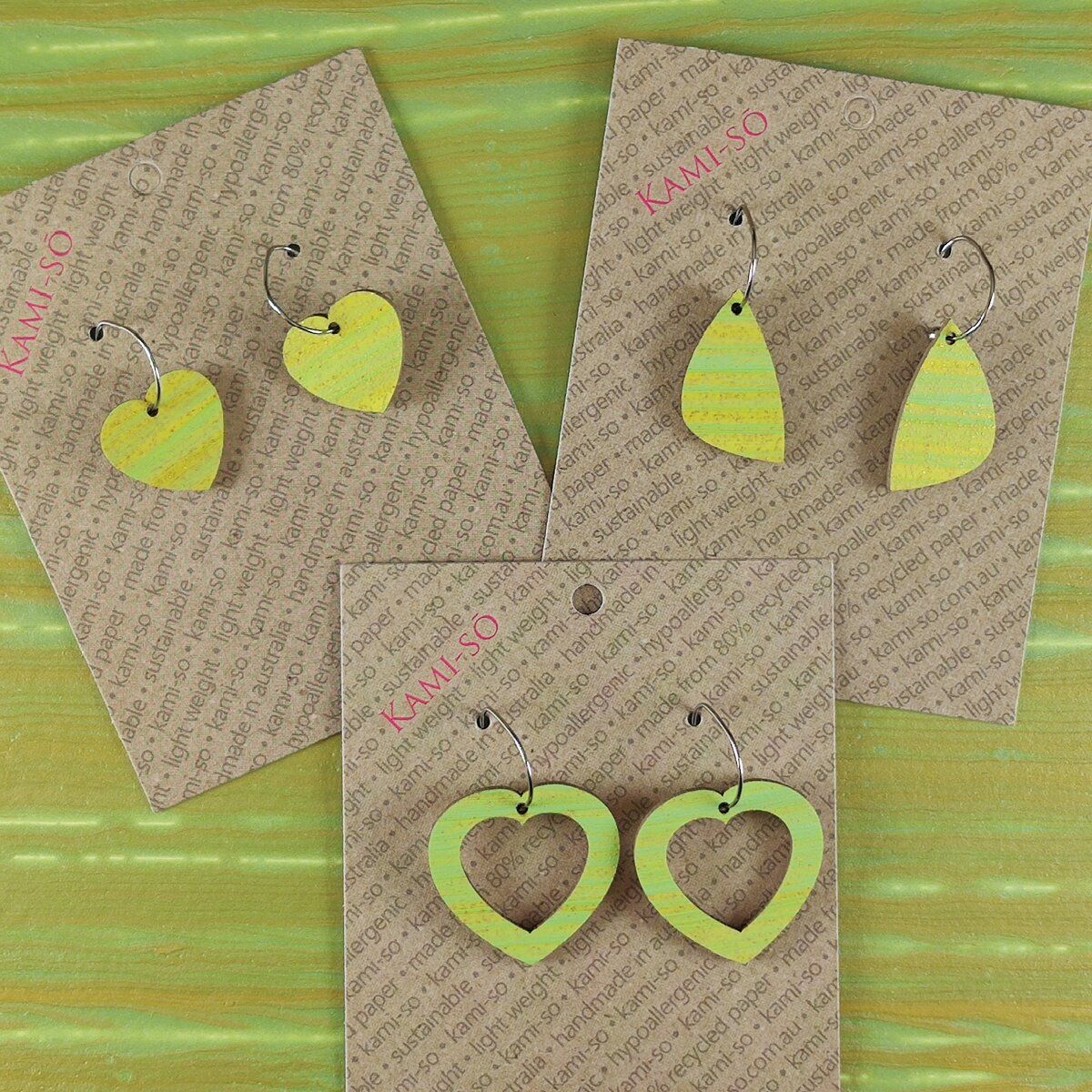 Mini Recycled Paper Earrings - Green & Gold Stripe