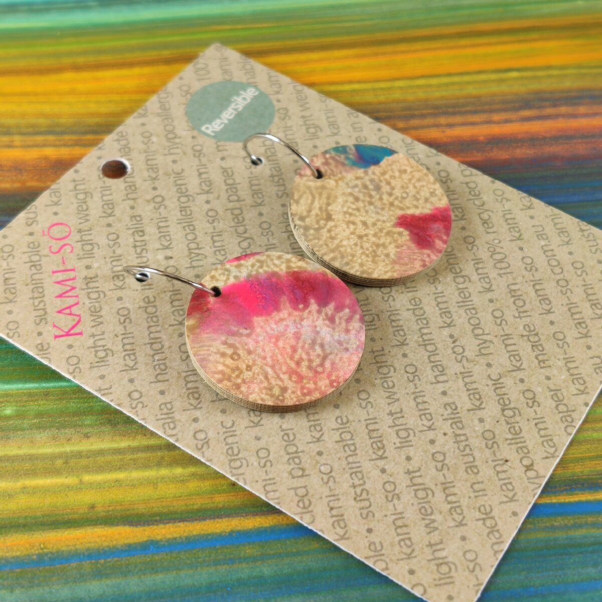 Reversible Circle Recycled Paper Earrings - Plum, Grey & Blue / Multicolour Stripes