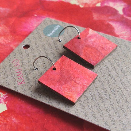 Reversible Square Recycled Paper Earrings - Red & Cream / Blue & Cream