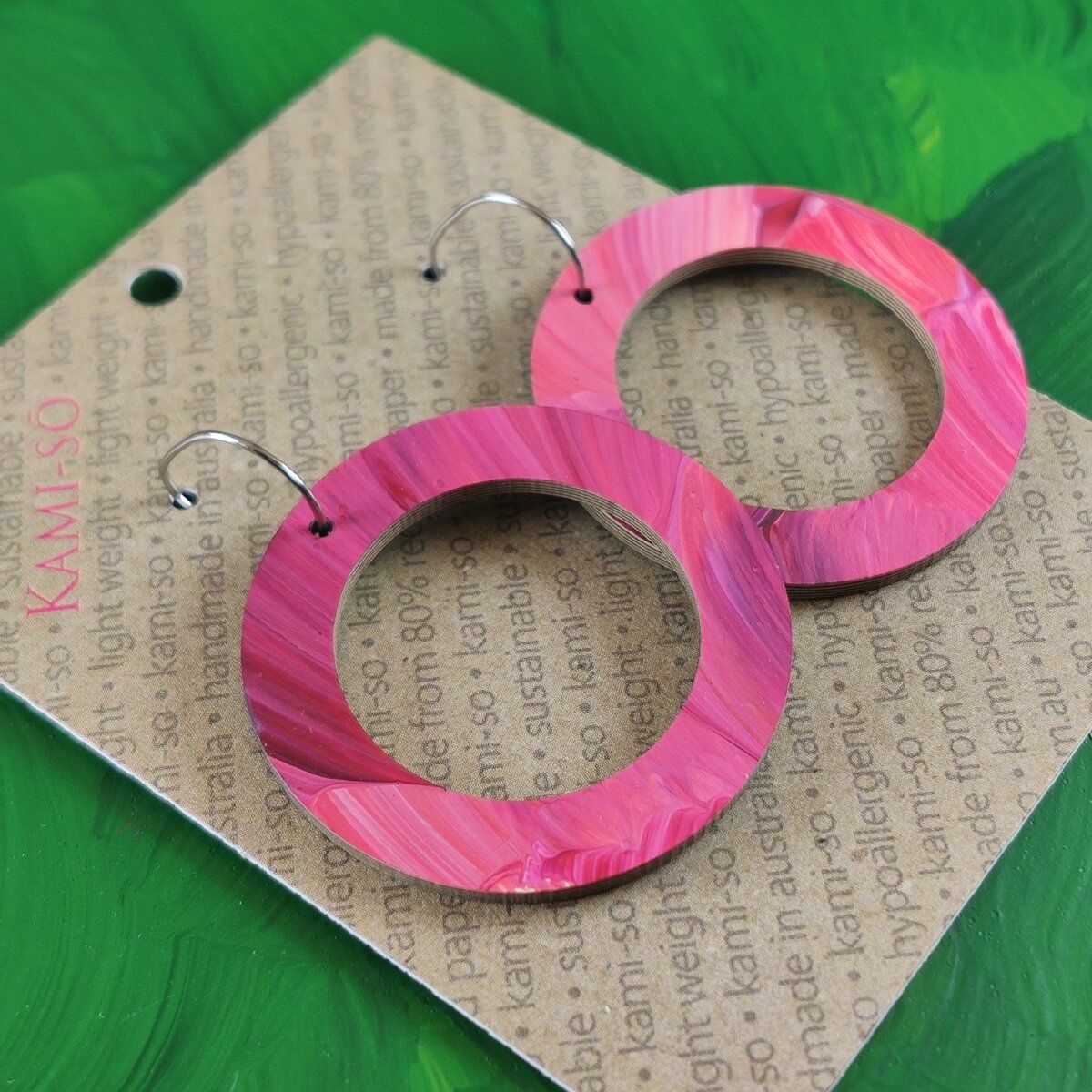 Reversible Circle Recycled Paper Earrings - Magenta Brushstrokes / Green Brushstrokes