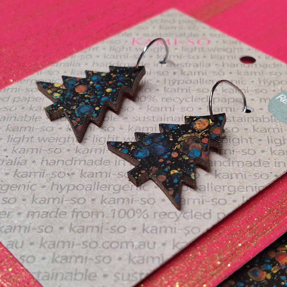 Reversible Christmas Tree Recycled Paper Earrings - Red & Gold / Black Speckle