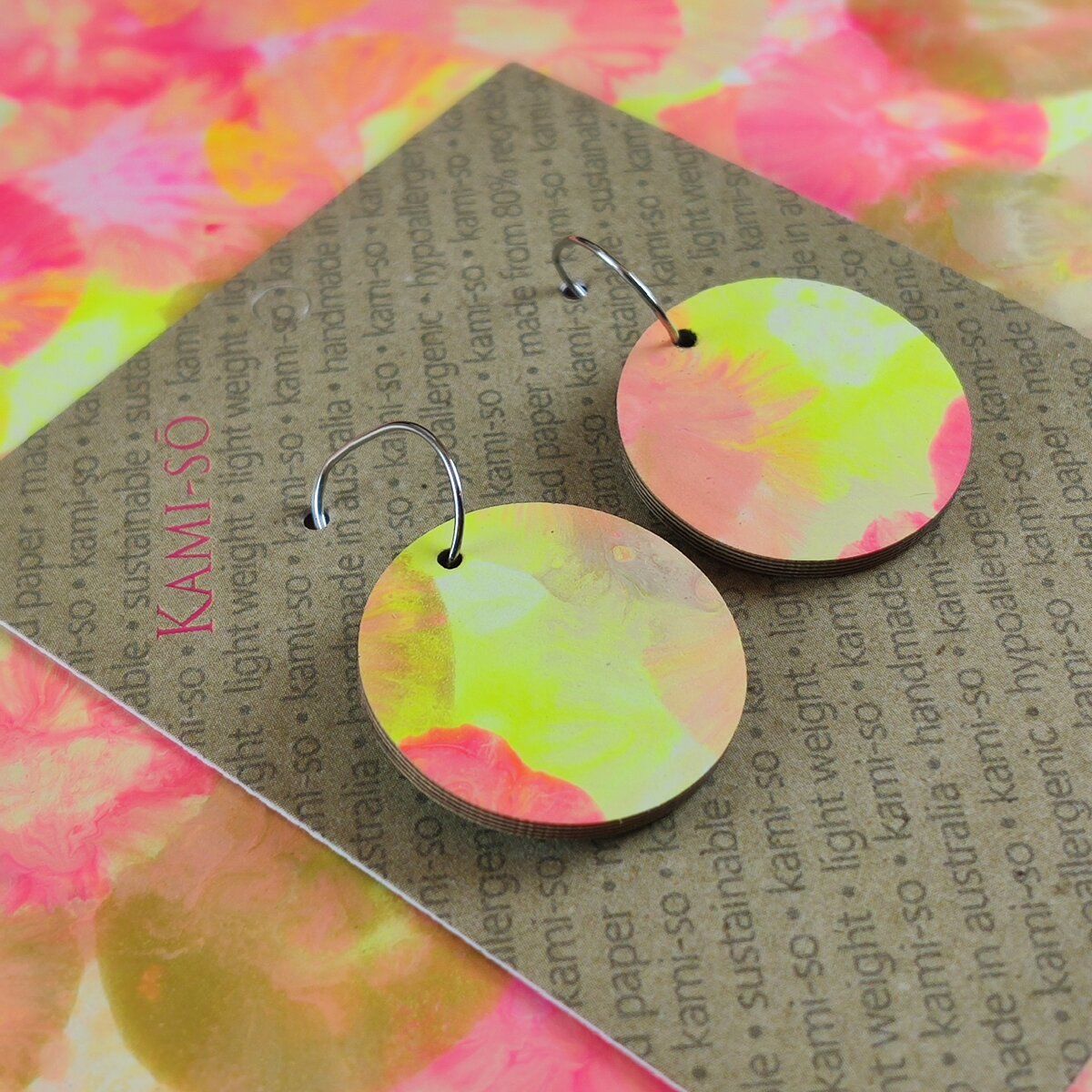 Reversible Circle Recycled Paper Earrings - Yellow & Pink Multicolour / Blue Stripes