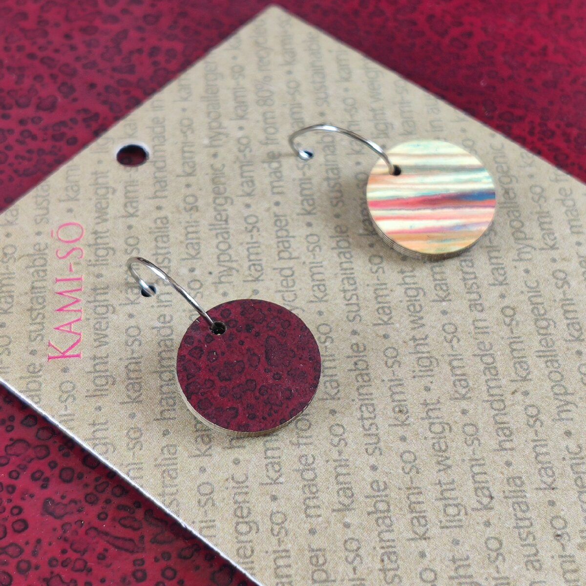 Reversible Circle Recycled Paper Earrings - Wine Crackle / Multicolour Stripes