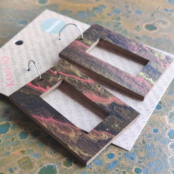 Reversible Rectangle Recycled Paper Earrings - Earthy / Black, Pink & Gold