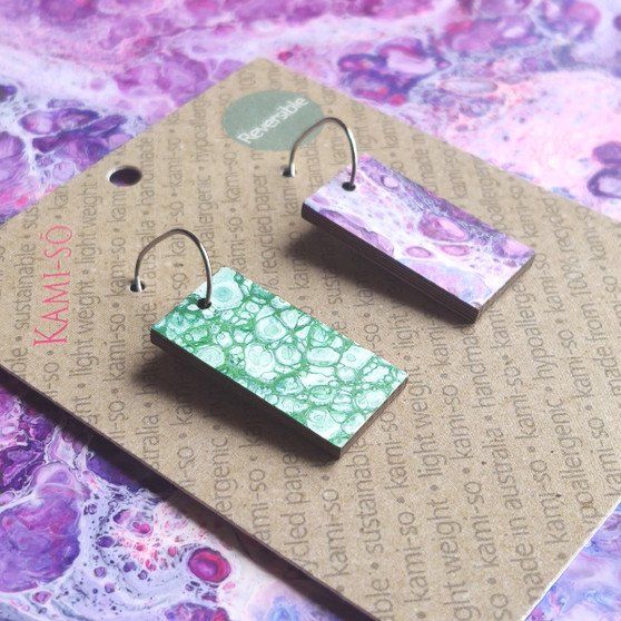 Reversible Rectangle Recycled Paper Earrings - Purple / Green