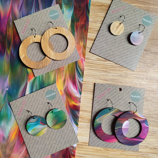 Reversible Circle Recycled Paper Earrings - Multicolour / Light Brown