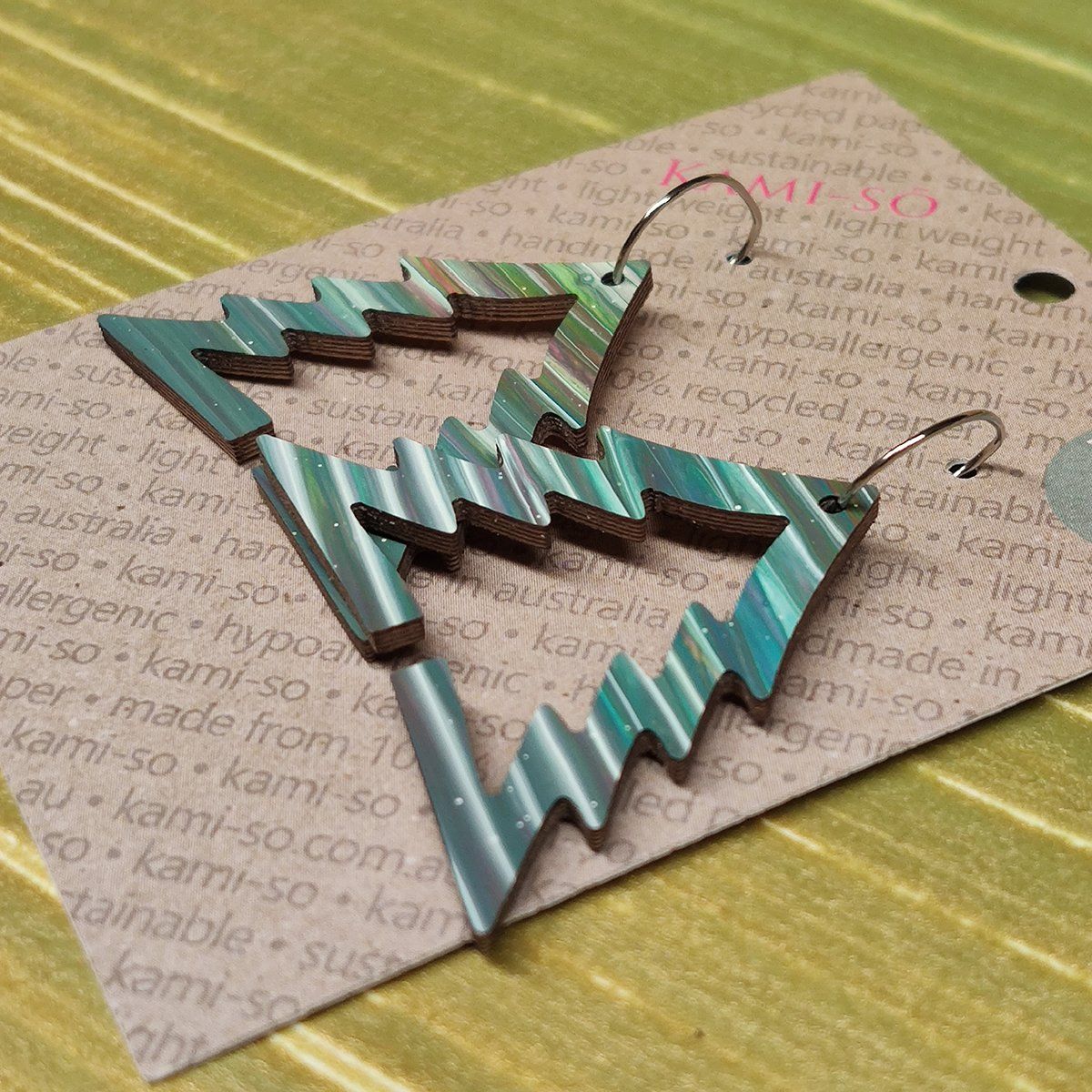 Reversible Christmas Tree Recycled Paper Earrings - Green Stripes / Gold Sparkle