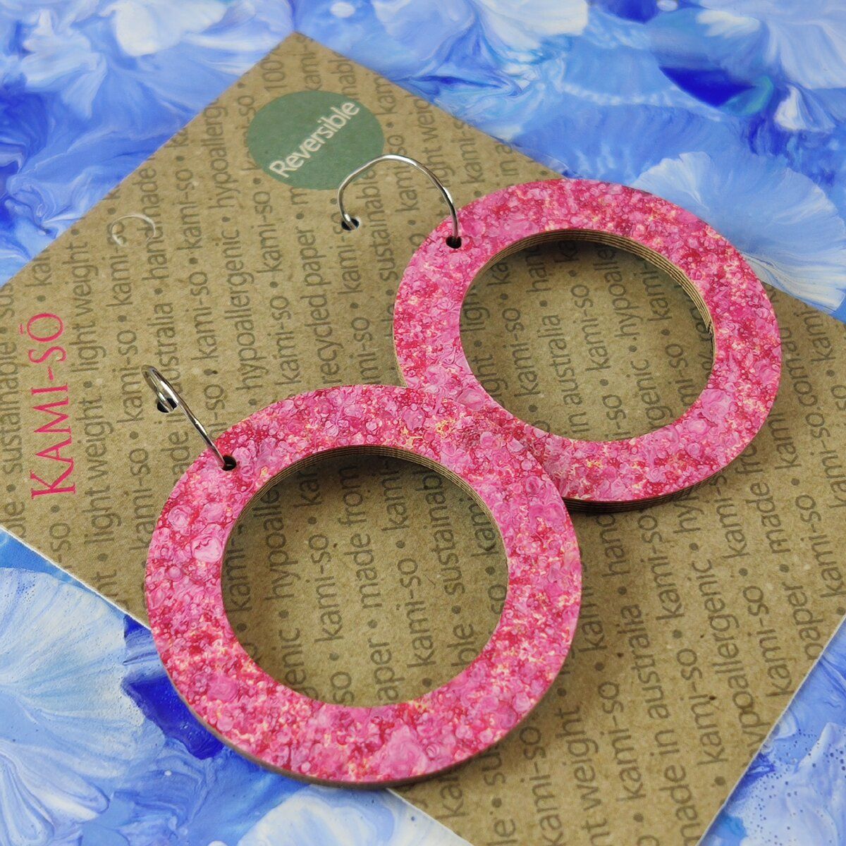 Reversible Circle Recycled Paper Earrings - Rose Speckle / Blue & White