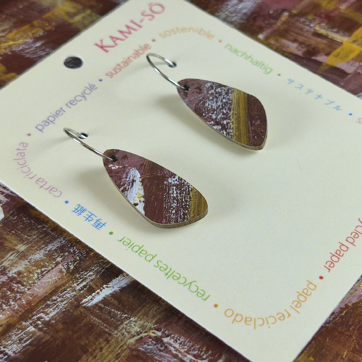 Oval Recycled Paper Earrings - Brown, White, Tan & Gold Brushstrokes