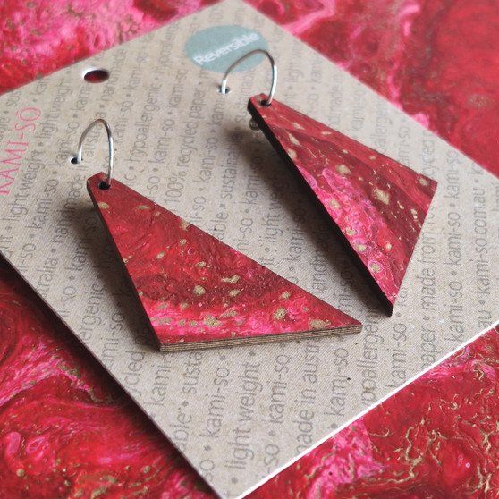 Reversible Triangle Recycled Paper Earrings - Turquoise & Gold / Dark Red