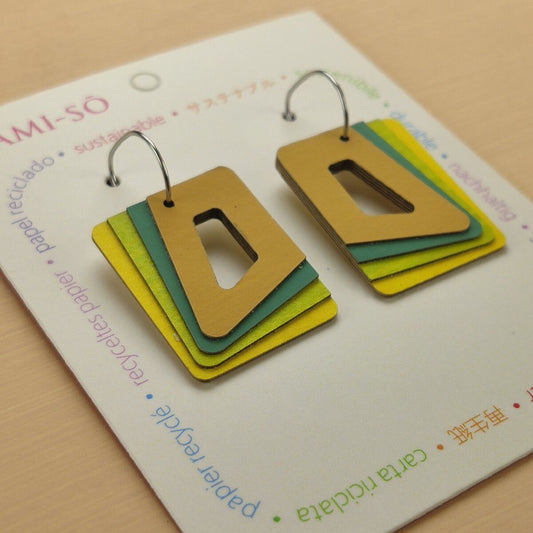 Rectangle Layered Recycled Paper Earrings - Tan, Green & Yellow