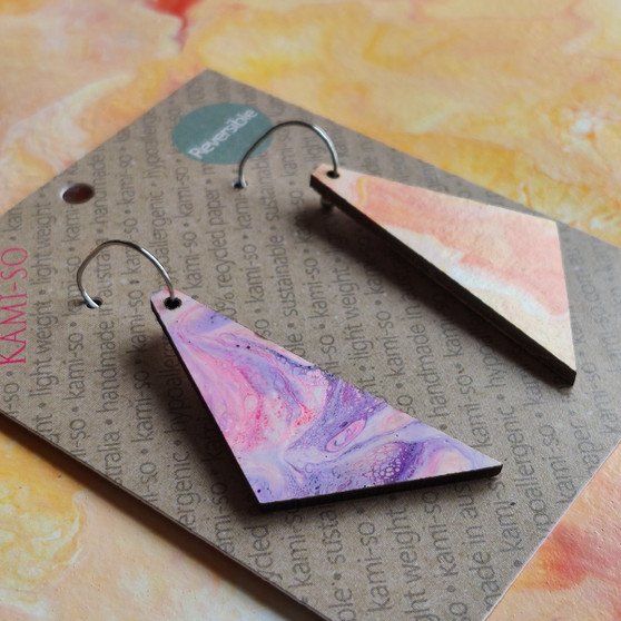 Reversible Triangle Recycled Paper Earrings - Purple & Pink / Orange