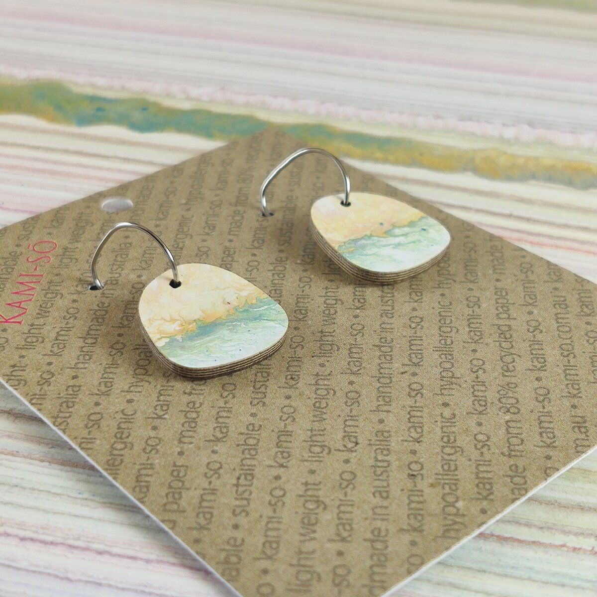 Square Recycled Paper Earrings - White & Coloured Stripes