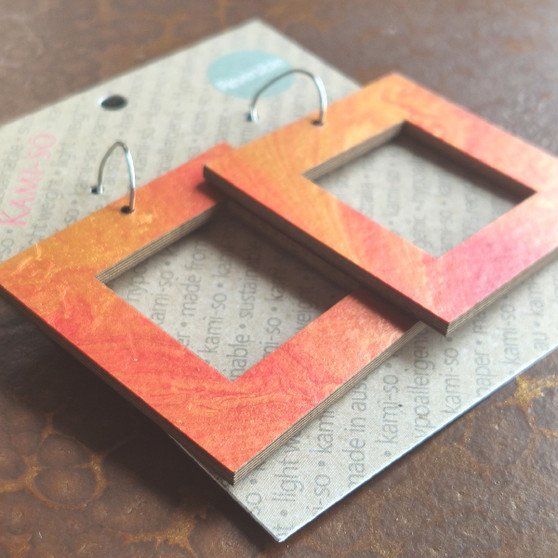 Reversible Square Recycled Paper Earrings - Gold & Red / Dark Brown