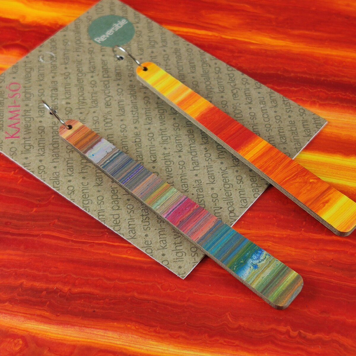 Reversible Paddle Recycled Paper Earrings - Multicolour Stripes / Fire Stripes