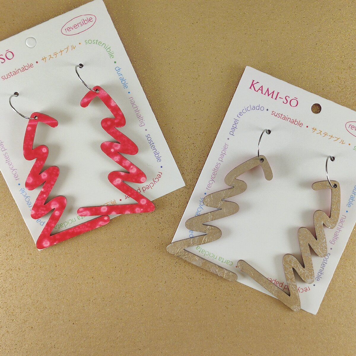Reversible Christmas Tree Recycled Paper Earrings - Gold / Red