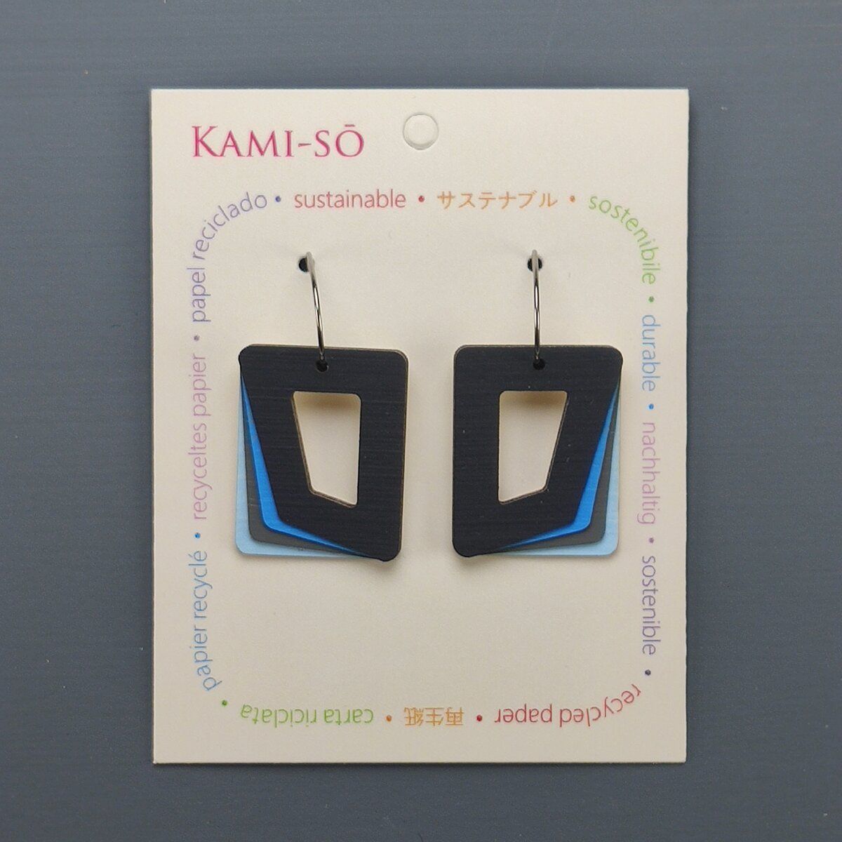 Rectangle Hoop Layered Recycled Paper Earrings - Black, Blue & Grey