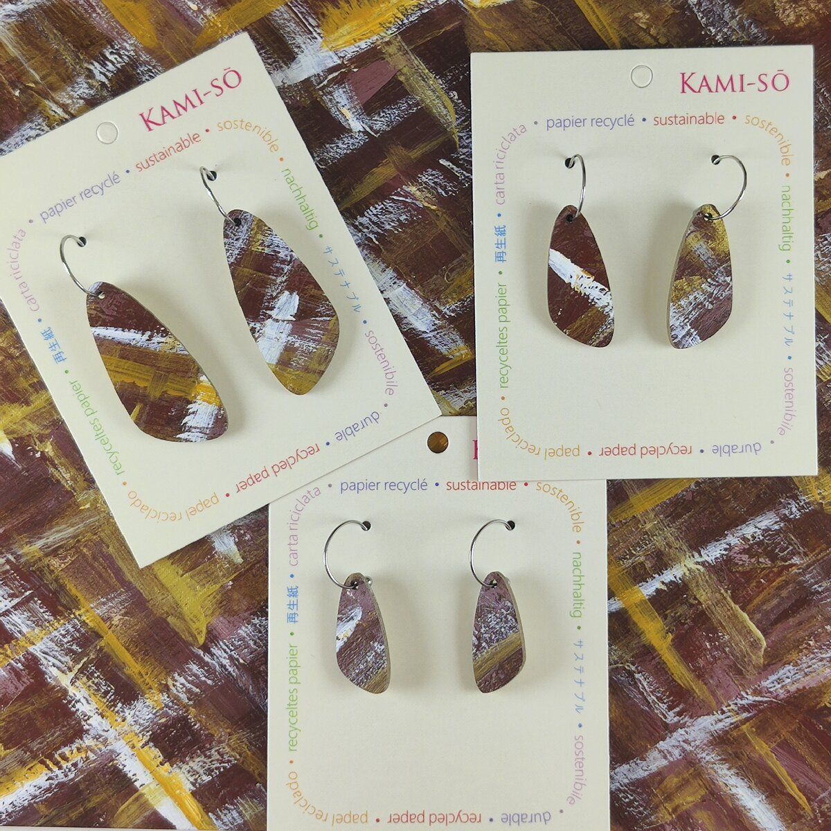 Oval Recycled Paper Earrings - Brown, White, Tan & Gold Brushstrokes