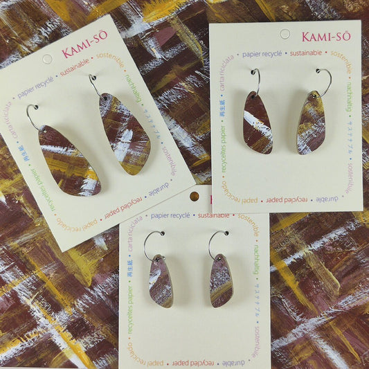 Oval Recycled Paper Earrings - Brown, White, Tan & Gold Brushstrokes