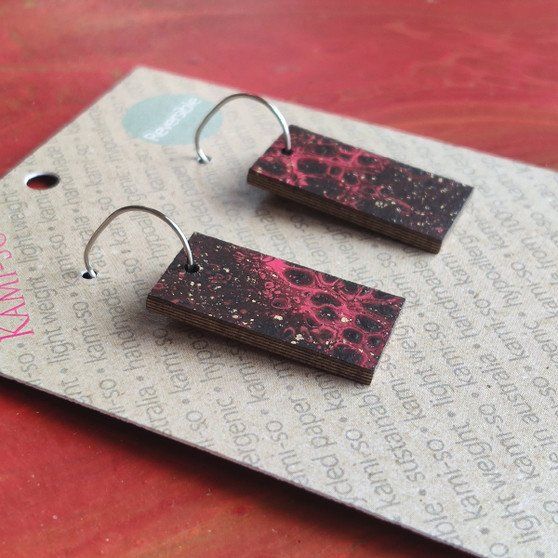 Reversible Rectangle Recycled Paper Earrings - Black & Gold / Maroon