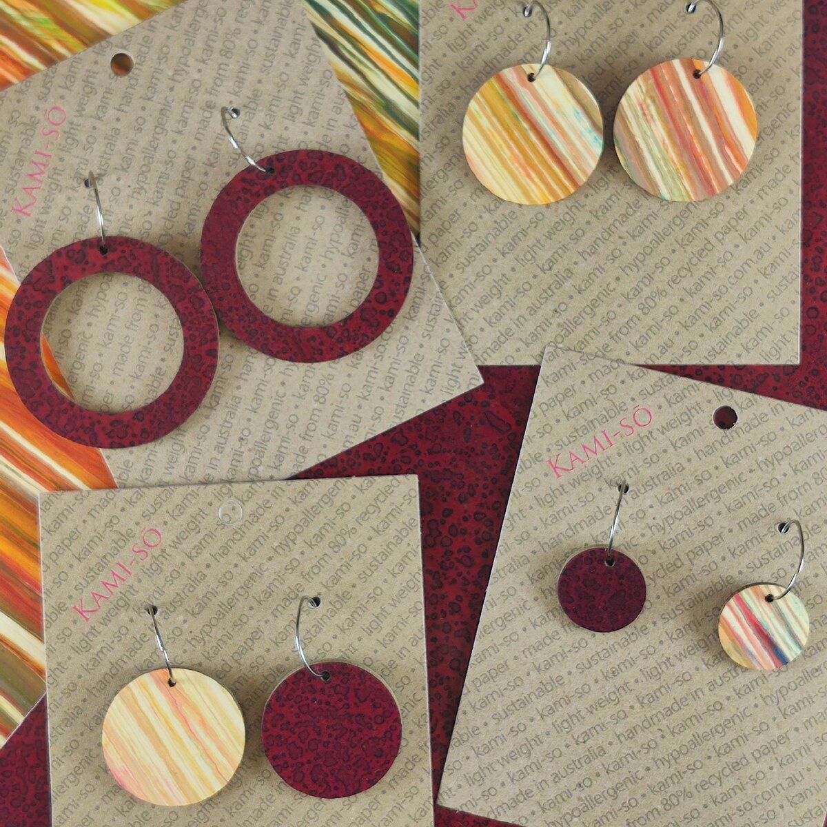 Reversible Circle Recycled Paper Earrings - Wine Crackle / Multicolour Stripes