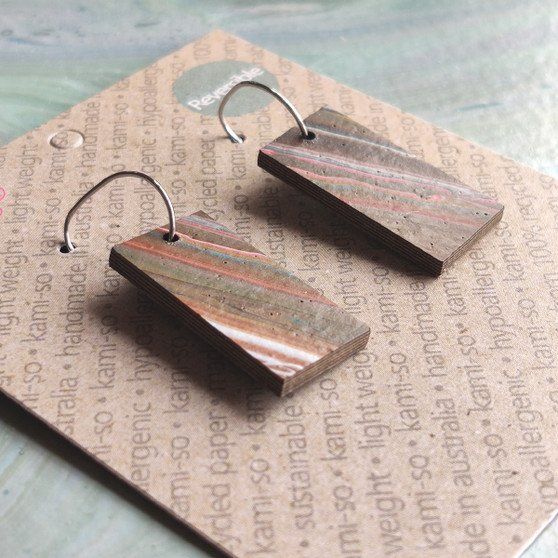 Reversible Rectangle Recycled Paper Earrings - Brown / Grey