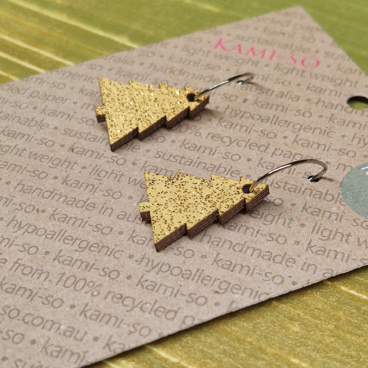 Reversible Christmas Tree Recycled Paper Earrings - Green Stripes / Gold Sparkle