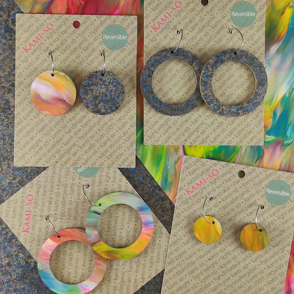 Reversible Circle Recycled Paper Earrings - Bright Multicolour / Dark Speckle