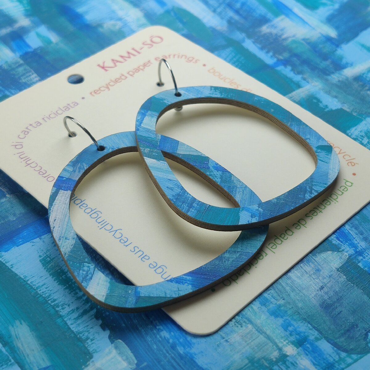 Square Recycled Paper Earrings - Blue Brushstrokes