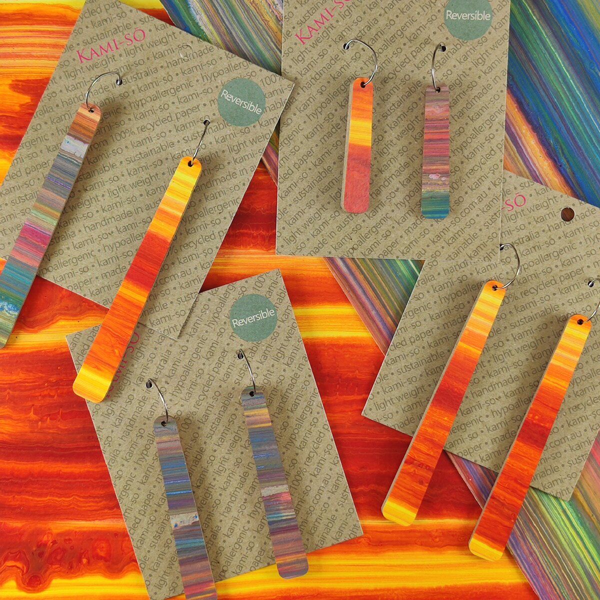 Reversible Paddle Recycled Paper Earrings - Multicolour Stripes / Fire Stripes