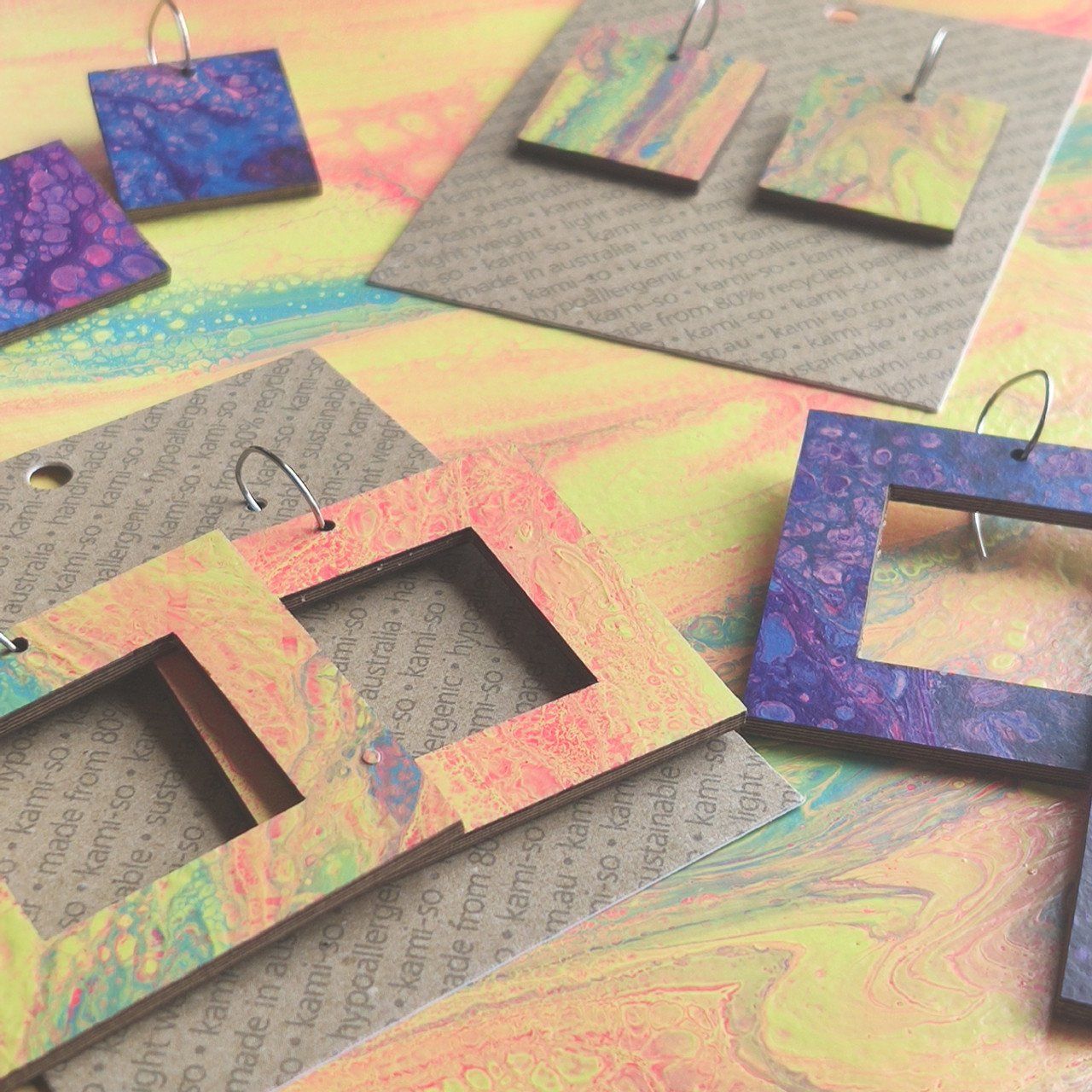 Reversible Square Recycled Paper Earrings - Purple / Yellow & Blue Multicolour