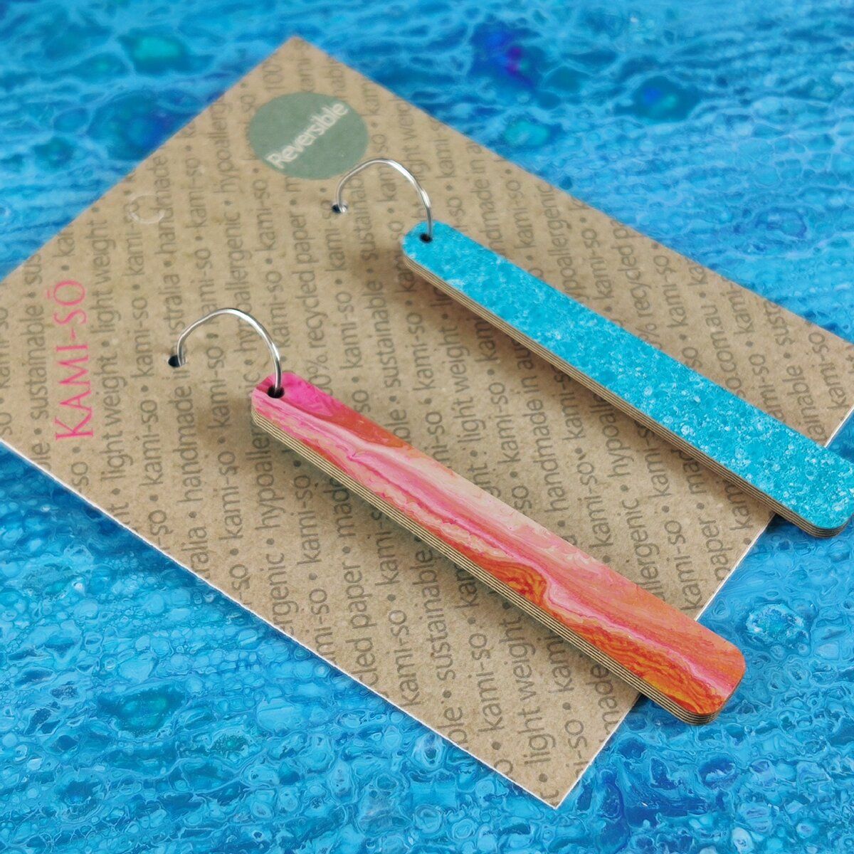 Reversible Paddle Recycled Paper Earrings - Red & Gold / Turquoise Speckle