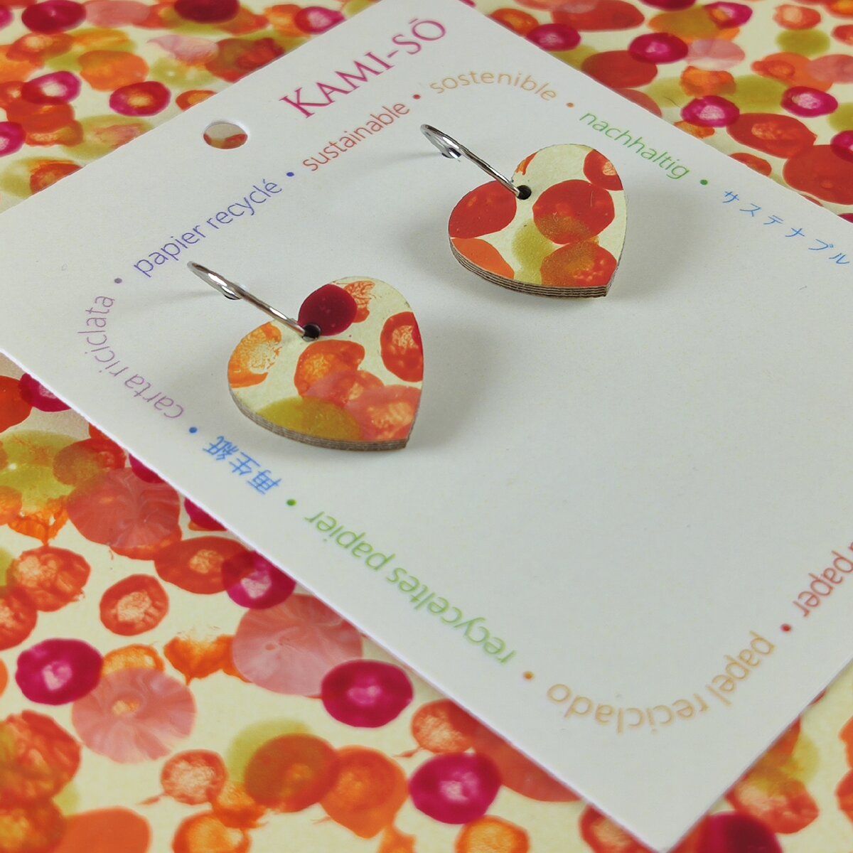 Mini Recycled Paper Earrings - Yellow, Orange, Red & Gold Dots