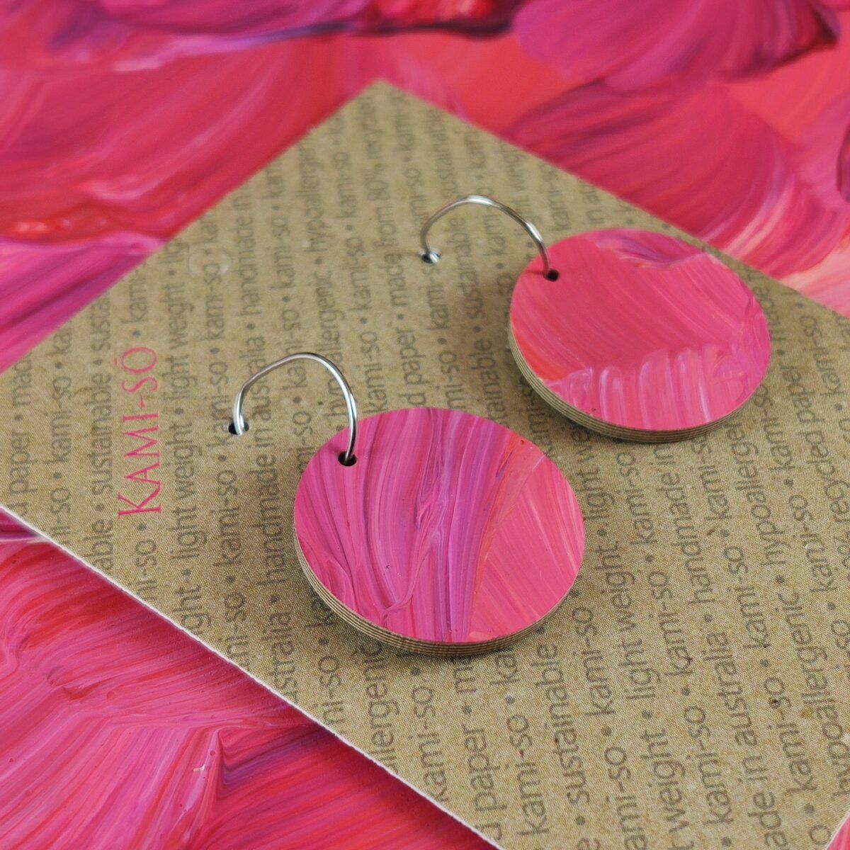 Reversible Circle Recycled Paper Earrings - Magenta Brushstrokes / Green Brushstrokes