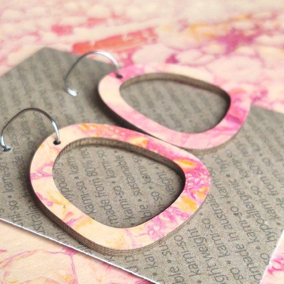 Square Recycled Paper Earrings - Apricot & Pink