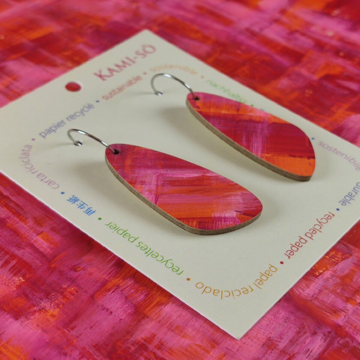 Oval Recycled Paper Earrings - Magenta, Orange & Pink Brushstrokes