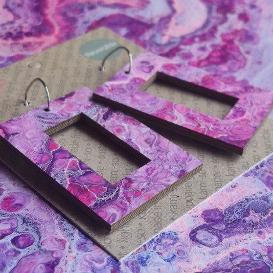 Reversible Rectangle Recycled Paper Earrings - Purple / Green